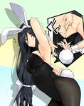  alternate_costume animal_ears arched_back arm_up armpits black_hair blue_eyes blush breasts bunny_ears bunny_girl bunny_tail bunnysuit covered_navel fake_animal_ears fishnet_pantyhose fishnets hair_ribbon hairband halftone halftone_background highres hyouka irisu_fuyumi iwasaki_takashi large_breasts long_hair low-tied_long_hair pantyhose ribbon simple_background solo tail trembling very_long_hair wrist_cuffs zipper zipping 