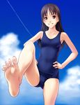  absurdres barefoot black_hair brown_eyes cloud condensation_trail covered_navel day feet grin hands_on_hips highres long_hair norizou_type-r one-piece_swimsuit original pov_feet school_swimsuit sky smile soles solo spread_toes swimsuit toenails toes wiggling_toes 
