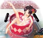  argon barefoot bath bathing black_hair blush breasts brown_eyes cleavage clothes_removed flower hair_flower hair_ornament hair_stick idolmaster idolmaster_cinderella_girls in_container large_breasts looking_at_viewer minigirl momoi_azuki nude one_eye_closed pot sitting solo tongue tongue_out water 