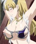  armor blonde_hair breasts chains earrings elina eyes_closed female highres jewelry long_hair necklace nipples queen&#039;s_blade queen's_blade solo torn_clothes 