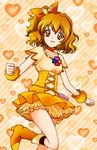  blonde_hair boots bow brown_eyes choker cure_pine dress earrings fresh_precure! hair_ornament hamutarou heart heart_hair_ornament jewelry magical_girl orange_choker precure ribbon short_hair skirt smile solo yamabuki_inori 