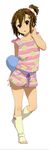  absurdres alternate_hairstyle bow brown_eyes brown_hair hair_ornament hairclip hand_on_neck heart highres k-on! leg_warmers long_image loungewear official_art one_side_up open_mouth polka_dot polka_dot_shorts shorts side_ponytail solo tainaka_ritsu tall_image toeless_legwear 