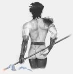  ass bad_id bad_pixiv_id fate/zero fate_(series) from_behind gae_dearg greyscale lancer_(fate/zero) male_focus monochrome oitan polearm ribbon skin_tight spear spot_color weapon 