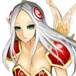  armor blade breasts cleavage green_eyes hair_ornament highres irelia kumiko_shiba large_breasts league_of_legends long_hair pauldrons silver_hair solo 