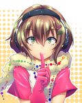  aya_shachou blush brown_hair finger_to_mouth gloves gradient_eyes green_eyes hair_ornament hairclip headphones looking_at_viewer multicolored multicolored_eyes original scarf short_hair smile star 