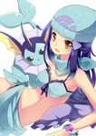  absurdres blue_bra bra cleavage cosplay hat highres hikari_(pokemon) nyori orange_eyes platinum_berlitz pokemon render shell transparent_background underwear vaporeon 