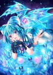  :d alternate_costume blue_eyes blue_hair blush candle cirno gloves heart ice ice_wings looking_at_viewer lying open_mouth shigaraki_(strobe_blue) short_hair smile solo thighhighs touhou water white_legwear wings 