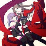  archer archer_(cosplay) banned_artist blue_eyes brown_hair cosplay fate/stay_night fate_(series) hair_ribbon matou_sakura multiple_girls purple_eyes purple_hair ribbon rider rider_(cosplay) siblings sisters smi_(enraku) thighhighs toosaka_rin two_side_up zettai_ryouiki 