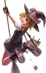 :d bad_id bad_pixiv_id bag blonde_hair book boots bow braid broom fang fingerless_gloves full_body gloves hand_on_headwear hat hat_bow kirisame_marisa kurione_(zassou) long_hair open_mouth single_braid smile solo touhou white_background witch_hat yellow_eyes 