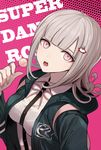  backpack bad_id bad_pixiv_id bag banned_artist danganronpa flipped_hair hair_ornament hairclip harano hood hoodie nanami_chiaki necktie pink_eyes pink_hair school_uniform solo super_danganronpa_2 