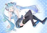  aqua_eyes aqua_hair arm_support boots colorized crossed_legs detached_sleeves hatsune_miku headset kuronekoshi long_hair necktie one_eye_closed osasimi_(overloadetna) pointing sitting skirt solo thigh_boots thighhighs twintails very_long_hair vocaloid 