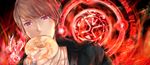  belt brown_hair doughnut eating food jewelry kamen_rider kamen_rider_wizard_(series) magic_circle male_focus necklace ranno_(great) red_eyes ring solo souma_haruto 