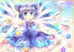  arm_up blue_eyes blue_hair cirno dress ice ice_wings pjrmhm_coa short_hair smile solo star touhou wings 