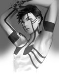  armpits arms_up bangs eyelashes gradient gradient_background greyscale hands_on_own_head hitoshura looking_at_viewer magatsumagic male_focus monochrome nude parted_lips shin_megami_tensei_iii:_nocturne shirtless solo tattoo upper_body 