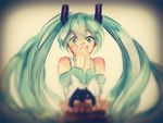  bad_id bad_pixiv_id blurry cake cetus covering_mouth depth_of_field detached_sleeves food green_eyes green_hair hatsune_miku long_hair solo twintails very_long_hair vocaloid 