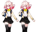  2girls ahoge artist_request backpack bag black_legwear black_skirt bow bowtie closed_mouth cowboy_shot dual_persona elsword eyes_closed facing_viewer gradient_hair grin highres jacket laby_(elsword) looking_at_viewer messy_hair multicolored_hair multiple_girls official_art pink_eyes pink_hair plaid plaid_skirt school_uniform shirt short_hair skirt smile thighhighs white_hair white_shirt yellow_bow yellow_jacket zettai_ryouiki 