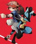  bad_id bad_pixiv_id bag brown_eyes brown_hair clenched_hand gen_4_pokemon jacket kyouhei_(pokemon) lucario noe_yuuhi pokemon pokemon_(creature) pokemon_(game) pokemon_bw2 red_background shadow shoes shoulder_bag sneakers visor_cap watch wristwatch 