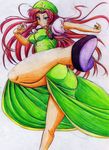  ass beret braid breasts chinese_clothes colored_pencil_(medium) fighting_stance hat highres hong_meiling kicking kitazinger kung_fu legs long_hair medium_breasts serious solo star touhou traditional_media 