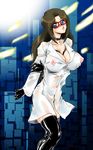  blue_eyes blush breasts brown_hair collar cyber-linx femsub gloves harness highres latex latex_gloves long_hair misha misha_miramond nipples see-through slave thighhighs transformers_superlink 