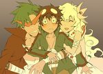  2boys arm_hug armlet cape flower frown goggles goggles_on_head grin group_hug hair_flower hair_ornament hug kamina kamina_shades multiple_boys nia_teppelin simon smile tengen_toppa_gurren_lagann uruchi 