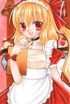  alternate_costume apron bad_id bad_pixiv_id blonde_hair cake choker crystal dessert dress enmaided erisa flandre_scarlet food fruit maid maid_headdress open_mouth pastry pudding puffy_sleeves red_eyes ribbon short_hair short_sleeves side_ponytail smile solo strawberry touhou traditional_media tray wings 