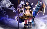  armor black_hair blue_eyes boomerang breastplate breasts cleavage large_breasts league_of_legends leg_armor long_hair midriff navel nsps5132 sivir smoke solo wallpaper weapon 