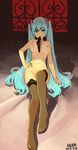  2012 aqua_eyes aqua_hair breasts dated hand_on_hip hatsune_miku highres kalata large_breasts long_hair mouth_hold navel nipples nude panties panties_in_mouth sitting solo thighhighs twintails underwear very_long_hair vocaloid 