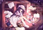  blush book bow crescent hair_bow hat highres lamp library long_hair long_sleeves magic_circle open_mouth patchouli_knowledge purple_eyes purple_hair ribbon shimiou sitting smile solo touhou voile 
