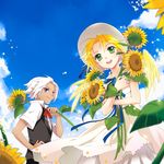  1girl :d blonde_hair dress eien_no_shounen flower green_eyes hand_on_hip hat hat_ribbon long_hair lost lost-ko mca_(dessert_candy) open_mouth purple_eyes ribbon smile sound_horizon sun_hat sundress sunflower white_hair 