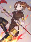  1girl absurdres ahoge boots brown_eyes brown_hair china_dress chinese_clothes dress facial_mark fate/grand_order fate_(series) fire fishnet_pantyhose fishnets flying forehead_mark highres kaerude123 nezha_(fate/grand_order) pantyhose polearm scrunchie smile spear thigh_boots thighhighs twintails weapon 