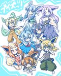  ahoge animal_ears black_hair blonde_hair blue_eyes blue_hair brown_eyes brown_hair eevee espeon fang flareon gen_1_pokemon gen_2_pokemon gen_4_pokemon glaceon green_eyes japanese_clothes jolteon kimono leaf leafeon multiple_girls multiple_tails neko_yume orange_hair overalls personification pokemon ponytail purple_eyes purple_hair red_eyes shawl tail twintails umbreon vaporeon yellow_eyes 