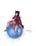  ahri animal_ears boots braid breasts cleavage detached_sleeves facial_mark fox_ears fox_tail full_body hand_to_own_mouth korean_clothes league_of_legends long_hair orb signature sitting small_breasts solo tail whisker_markings white_background yellow_eyes yukoluvj 