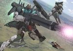  beam_rifle cherudim cloud energy_gun flying gun gundam gundam_00 gundam_seravee mecha no_humans robographer sky weapon 