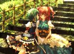  blush closed_eyes green_hair hair_bobbles hair_ornament hat hat_removed headwear_removed imminent_kiss kinokobatake long_sleeves multiple_girls onozuka_komachi open_mouth puffy_sleeves red_eyes red_hair shiki_eiki short_sleeves stairs touhou two_side_up wide_sleeves 