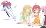  :&lt; :d ahoge akaza_akane akaza_akari blonde_hair casual detached_hair energy_beam haribote_(tarao) multiple_girls oomuro_sakurako open_mouth panties panties_removed pink_hair print_panties purple_eyes red_hair short_hair smile thighhighs turn_pale underwear weapon white_panties yoshikawa_chinatsu yuru_yuri |_| ||_|| 