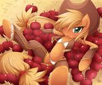  anthro anthrofied apple applejack_(mlp) blonde_hair blush bra cloth clothed clothing cowboy_hat equine female flat_chested friendship_is_magic fruit green_eyes hair hair_over_eye hat horse jinzhan long_hair looking_at_viewer lying mammal my_little_pony navel on_back panties pony ponytail solo underwear 