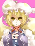  amua bad_id bad_pixiv_id blonde_hair chinese_clothes face fox_tail hat looking_at_viewer multiple_tails neck_ribbon ribbon short_hair solo tabard tail touhou upper_body yakumo_ran yellow_eyes 