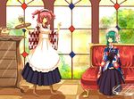  alternate_costume apron cabinet corded_phone couch cross-laced_footwear enmaided food glass green_eyes green_hair hair_bobbles hair_ornament hat japanese_clothes kinokobatake long_sleeves maid maid_headdress multiple_girls onozuka_komachi phone red_eyes red_hair rotary_phone shiki_eiki sitting touhou tray two_side_up wide_sleeves 