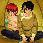  1girl back-to-back black_hair blush bra bra_removed braid breast_hold breasts disgust genderswap genderswap_(mtf) headband hibiki_ryouga indian_style long_hair looking_back naughty_face ranma-chan ranma_1/2 red_hair saotome_ranma shimeta_hiromitsu single_braid sitting smile sweatdrop tent topless underwear undressing 