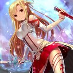  asuna_(sao) bare_shoulders breastplate brown_eyes brown_hair buntan detached_sleeves from_below holding light_particles long_hair scabbard sheath smile solo sword sword_art_online thighhighs weapon white_legwear 