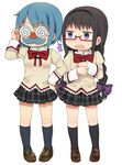  2girls akemi_homura black_hair blue_hair braid chibi fake_facial_hair fake_mustache funny_glasses glasses hair_ornament hairclip kneehighs long_hair long_sleeves mahou_shoujo_madoka_magica miki_sayaka multiple_girls plaid plaid_skirt purple_eyes red-framed_eyewear school_uniform short_hair simple_background skirt surprised tsuzuya_(knt31) twin_braids white_background 