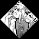  aya_shachou black_border blush border breasts circle_cut elbow_gloves gloves greyscale hat large_breasts long_hair looking_at_viewer monochrome naked_tabard open_mouth smile solo tabard touhou yakumo_yukari 