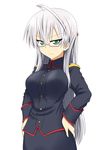  copyright_request glasses green_eyes hands_on_hips long_hair military military_uniform silver_hair solo take_(shokumu-taiman) tsurime uniform white-framed_eyewear 