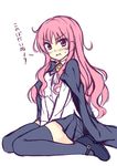  bad_id bad_pixiv_id blush cape knees_together_feet_apart long_hair louise_francoise_le_blanc_de_la_valliere mary_janes peach_(momozen) pentacle pink_eyes pink_hair pleated_skirt shoes simple_background sitting skirt solo thighhighs translated wariza zero_no_tsukaima 
