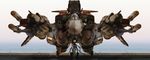  airplane cannon cockpit engineer headgear jet jumpsuit macross macross_frontier mecha missile no_humans ocean radiation_symbol realistic robographer science_fiction variable_fighter vf-25 water weapon 