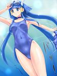  aoki_reika armpits blue blue_eyes blue_hair choker cure_beauty goggles goggles_on_head hair_tubes head_wings highres long_hair looking_away one-piece_swimsuit precure rasukaru smile_precure! solo swimsuit tiara very_long_hair 