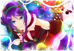  bad_id bad_pixiv_id between_breasts blue_eyes boots breasts christmas emilia_leblanc gift gloves hairband holly league_of_legends long_hair lying medium_breasts oldlim on_side ornament purple_hair snowman solo staff thigh_boots thighhighs 