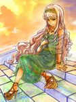  bracelet dress ere_(elemental) hairband high_heels highres idolmaster idolmaster_(classic) jewelry long_hair necklace shijou_takane shoes sitting smile solo traditional_media very_long_hair wavy_hair 