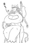  big_breasts black_and_white blush bovine breasts cattle cleavage clothed clothing cow female hair hooves horn huge_breasts looking_at_viewer mammal monochrome no_(pixiv524165) plain_background ponytail skimpy solo white_background 