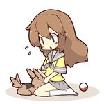  blush brown_hair chibi flying_sweatdrops haetorisou highres lass_(pokemon) lillipup long_hair nintendo npc npc_trainer open_mouth poke_ball pokemon pokemon_(game) pokemon_bw school_uniform sitting skirt socks sweatdrop tail tail_wagging trainer_class under_skirt 